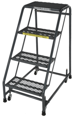 Spring Loaded Caster Ladders, 4 Step, No Rails 30" Wide Base, 10" Deep Top Step, Expanded Metal Tread, Setup