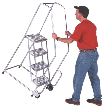 Aluminum Tilt and Roll Ladder, 2 Step, 30" Wide Base, 10" Deep Top Step, Serrated Tread, Setup