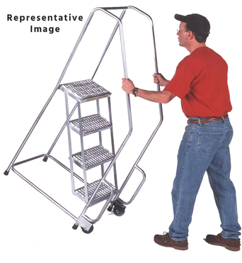 Aluminum Tilt and Roll Ladder, 3 Step, 30" Wide Base, 28" Deep Top Step, Serrated Tread, Setup