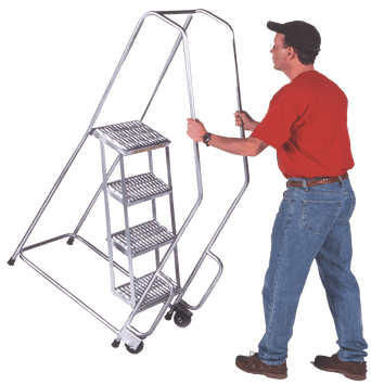 Aluminum Tilt and Roll Ladder, 3 Step, 20" Wide Base, 10" Deep Top Step, Serrated Tread, Setup