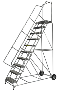 Aluminum Ladder, 10 Step, 36" Wide Base, 14" Deep Top Step, Serrated Tread, 24" Wide Tread, Setup