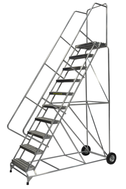 Aluminum Ladder, 10 Step, 36" Wide Base, 14" Deep Top Step, Serrated Tread, 24" Wide Tread, Setup