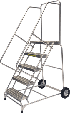 Aluminum Ladders, 5 Step, 36 In Wide Base, 14 in Deep Top Step, Serrated Tread, Setup