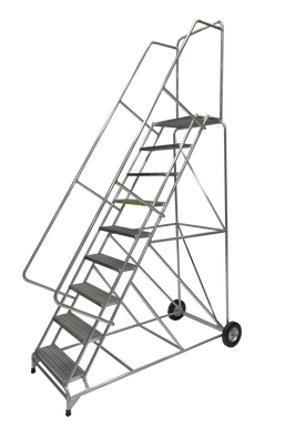 Aluminum Ladder, 9 Step, 36" Wide Base, 14" Deep Top Step, Ribbed Tread, 18" Wide Tread, Setup