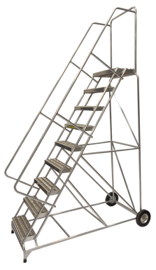 Aluminum Ladder, 9 Step, 36" Wide Base, 14" Deep Top Step, Serrated Tread, 24" Wide Tread, Setup