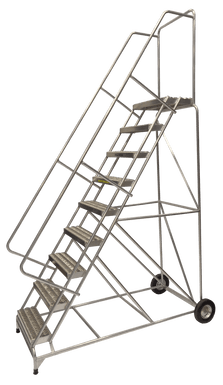 Aluminum Ladder, 9 Step, 36" Wide Base, 14" Deep Top Step, Serrated Tread, 24" Wide Tread, Setup
