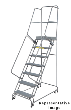 Spring Loaded Caster Ladders, CALOSHA, 6 Step, 30 In Wide Base, 14 in Deep Top Step, Serrated Tread