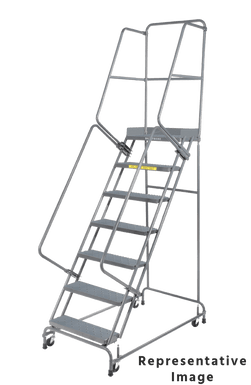 Spring Loaded Caster Ladders, CALOSHA, 7 Step, 30 In Wide Base, 14 in Deep Top Step, Perforated Tread