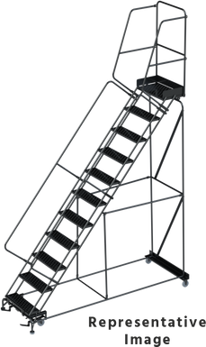 50 Degree Slope Walk Down Ladders, CALOSHA, 50° Incline, 11 Step, 32 In Wide Base, 14 in Deep Top Step, Expanded Metal Tread, Setup