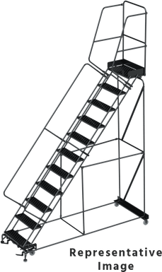 50 Degree Slope Walk Down Ladders, CALOSHA, 50° Incline, 11 Step, 32 In Wide Base, 14 in Deep Top Step, Expanded Metal Tread, Setup