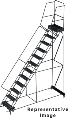 50 Degree Slope Walk Down Ladders, CALOSHA, 50° Incline, 12 Step, 32 In Wide Base, 21 in Deep Top Step, Serrated Tread