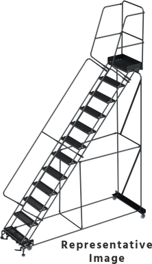 50 Degree Slope Walk Down Ladders, CALOSHA, 50° Incline, 12 Step, 32 In Wide Base, 28 in Deep Top Step, Perforated Tread