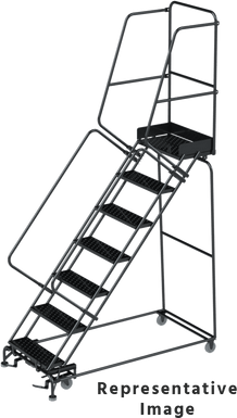 50 Degree Slope Walk Down Ladders, CALOSHA, 50° Incline, 7 Step, 24 In Wide Base, 21 in Deep Top Step, Serrated Tread, Setup