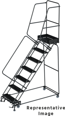 50 Degree Slope Walk Down Ladders, CALOSHA, 50° Incline, 7 Step, 32 In Wide Base, 28 in Deep Top Step, Perforated Tread