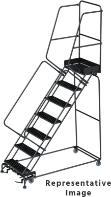 50 Degree Slope Walk Down Ladders, CALOSHA, 50° Incline, 7 Step, 32 In Wide Base, 14 in Deep Top Step, Perforated Tread, Setup