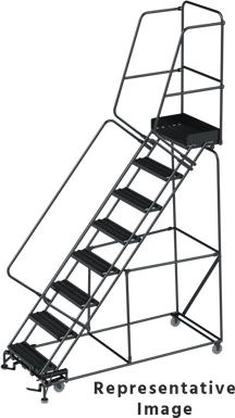 50 Degree Slope Walk Down Ladders, CALOSHA, 50° Incline, 8 Step, 24 In Wide Base, 14 in Deep Top Step, Serrated Tread, Setup
