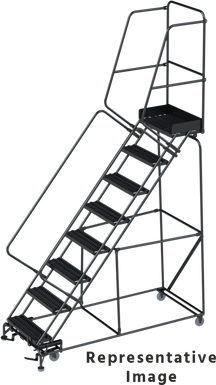 50 Degree Slope Walk Down Ladders, CALOSHA, 50° Incline, 8 Step, 24 In Wide Base, 14 in Deep Top Step, Serrated Tread, Setup
