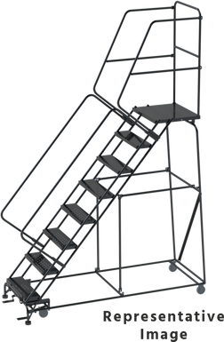50 Degree Slope Walk Down Ladders, CALOSHA, 50° Incline, 9 Step, 32 In Wide Base, 28 in Deep Top Step, Expanded Metal Tread, Setup