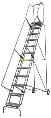 Fold-N-Store Ladders, 11 Step, 30 In Wide Base, 14 Deep Top Step, Serrated Tread, Setup