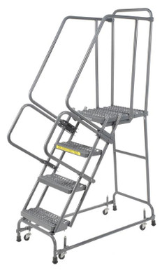 Spring Loaded Caster Ladders, 4 Step, 20" Wide Base, 21" Deep Top Step, Serrated Tread, Setup
