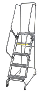 Spring Loaded Caster Ladders, 5 Step, 20 In Wide Base, 14 in Deep Top Step, Serrated Tread