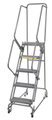 Spring Loaded Caster Ladders, 5 Step, 20 In Wide Base, 14 in Deep Top Step, Expanded Metal Tread