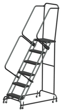 Spring Loaded Caster Ladders, 6 Step, 26 In Wide Base, 14 in Deep Top Step, Perforated Tread, Setup