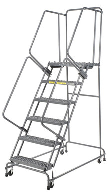 Spring Loaded Caster Ladders, 6 Step, 30 In Wide Base, 14 in Deep Top Step, Serrated Tread