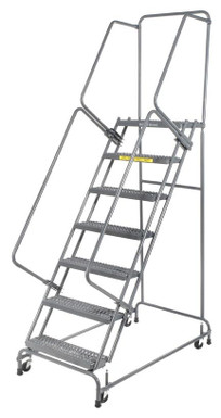 Spring Loaded Caster Ladders, 7 Step, 30 In Wide Base, 14 in Deep Top Step, Serrated Tread, Setup