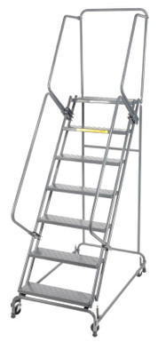 Spring Loaded Caster Ladders, 7 Step, 30 In Wide Base, 14 in Deep Top Step, Perforated Tread