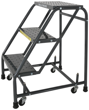 Spring Loaded Caster Ladders, 3 Step, 30" Wide Base, 10" Deep Top Step, Abrasive Mat Tread, Setup