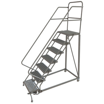 KD 7 Step Easy Climb Rolling Ladder: 70 In Platform Height, 17 In Platform Deep, 24 In Platform Wide, Serrated, 35 In Bottom Wide