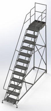 KD 12 Step Easy Climb Rolling Ladder: Grip Strut, 120 in Top Step Height, 30 in Deep Top Step, 24 in Platform Width