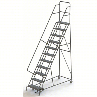 KD 11 Step All DirECtion Rolling Ladder: 110 In Platform Height, 10 In Platform Deep, 24 In Platform Wide, Perforated, Gray, 11 Steps