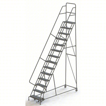 KD 14 Step All Directional Rolling Ladder: 140 In Platform Height, 10 In Platform Deep, 24 In Platform Wide, Serrated, 40 In Bottom Wide
