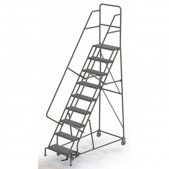 KD 9 Step Steel Heavy Duty Rolling Ladder: 90 In Platform Height, 10 In Platform Deep, 24 In Platform Wide, Serrated, 35 In Bottom Wide