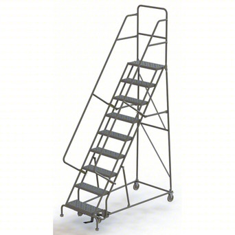 KD 9 Step Steel Heavy Duty Rolling Ladder: 90 In Platform Height, 10 In Platform Deep, 24 In Platform Wide, Perforated, 35 In Bottom Wide