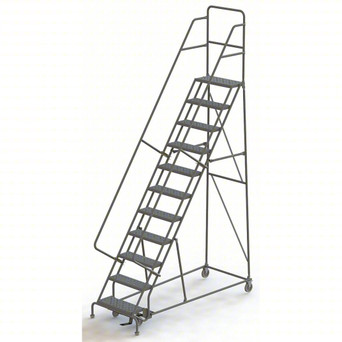 KD 11 Step Steel Heavy Duty Rolling Ladder: 110 In Platform Height, 10 In Platform Deep, 24 In Platform Wide, Serrated, 35 In Bottom Wide