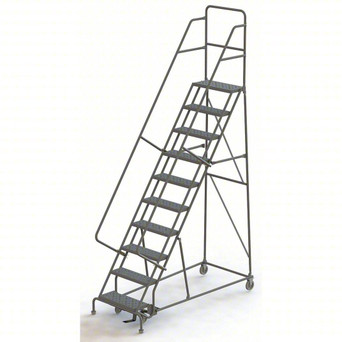 KD 10 Step Steel Heavy Duty Rolling Ladder: 100 In Platform Height, 10 In Platform Deep, 24 In Platform Wide, Perforated, Gray, 10 Steps