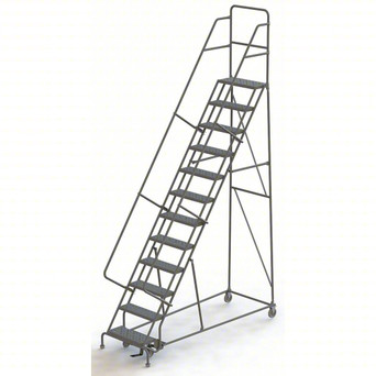 KD 12 Step Steel Heavy Duty Rolling Ladder: 120 In Platform Height, 10 In Platform Deep, 24 In Platform Wide, Serrated, 35 In Bottom Wide