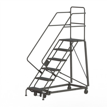 KD 6 Step Heavy Duty Safety Angle Rolling Ladder: 60 In Platform Height, 17 In Platform Deep, 24 In Platform Wide, Perforated, 35 In Bottom Wide