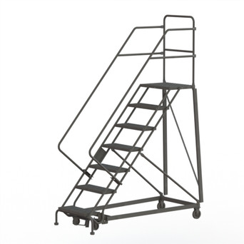 KD 7 Step Heavy Duty Safety Angle Rolling Ladder: 70 In Platform Height, 17 In Platform Deep, 24 In Platform Wide, Serrated, 35 In Bottom Wide