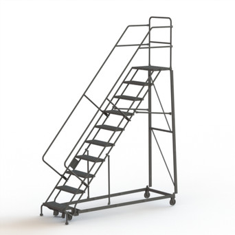 KD 10 Step Heavy Duty Safety Angle Rolling Ladder: 100 In Platform Height, 17 In Platform Deep, 24 In Platform Wide, Serrated, 35 In Bottom Wide
