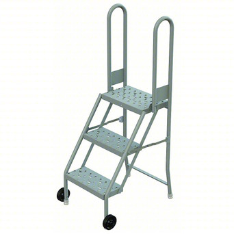 Tri-Arc KDMF103166 3-Step Mobile/Folding Steel Step Stand Tilt and Roll Ladder: 30 in Platform Height, 10 in Platform Deep, 16 in Platform Wide, Perforated, Gray