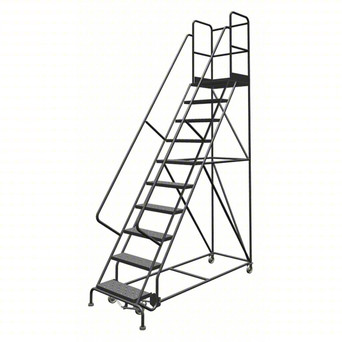 KD 10 Step Steel Rolling Ladder: 100 In Platform Height, 30 In Platform Deep, 24 In Platform Wide, Perforated, Gray, 10 Steps