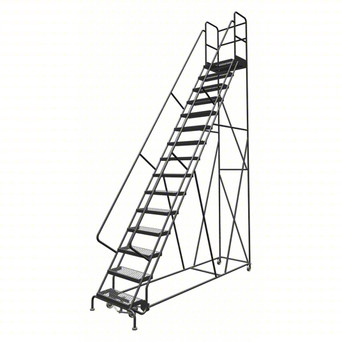 KD 15 Step Steel Rolling Ladder: 150 In Platform Height, 30 In Platform Deep, 24 In Platform Wide, Serrated, 40 In Bottom Wide