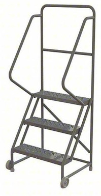 3-Step Tilt and Roll Industrial and Warehouse Steel Ladder With Perforated Tread, 24" Wide Steps