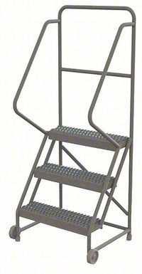 3-Step Tilt and Roll Industrial and Warehouse Steel Ladder With Grip Strut Tread, 24" Wide Steps
