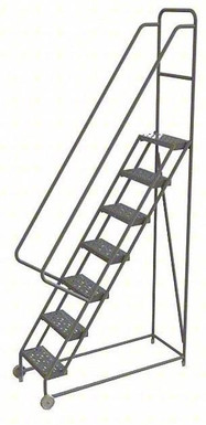7-Step Tilt and Roll Industrial and Warehouse Steel Ladder with Perforated Tread, 16-Inch Wide Steps