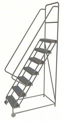 7-Step Tilt and Roll Industrial and Warehouse Steel Ladder With Grip Strut Tread, 24" Wide Steps